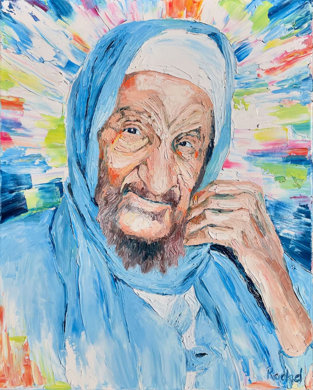 Palette knife oil portrait of the Baba Sali in white robes