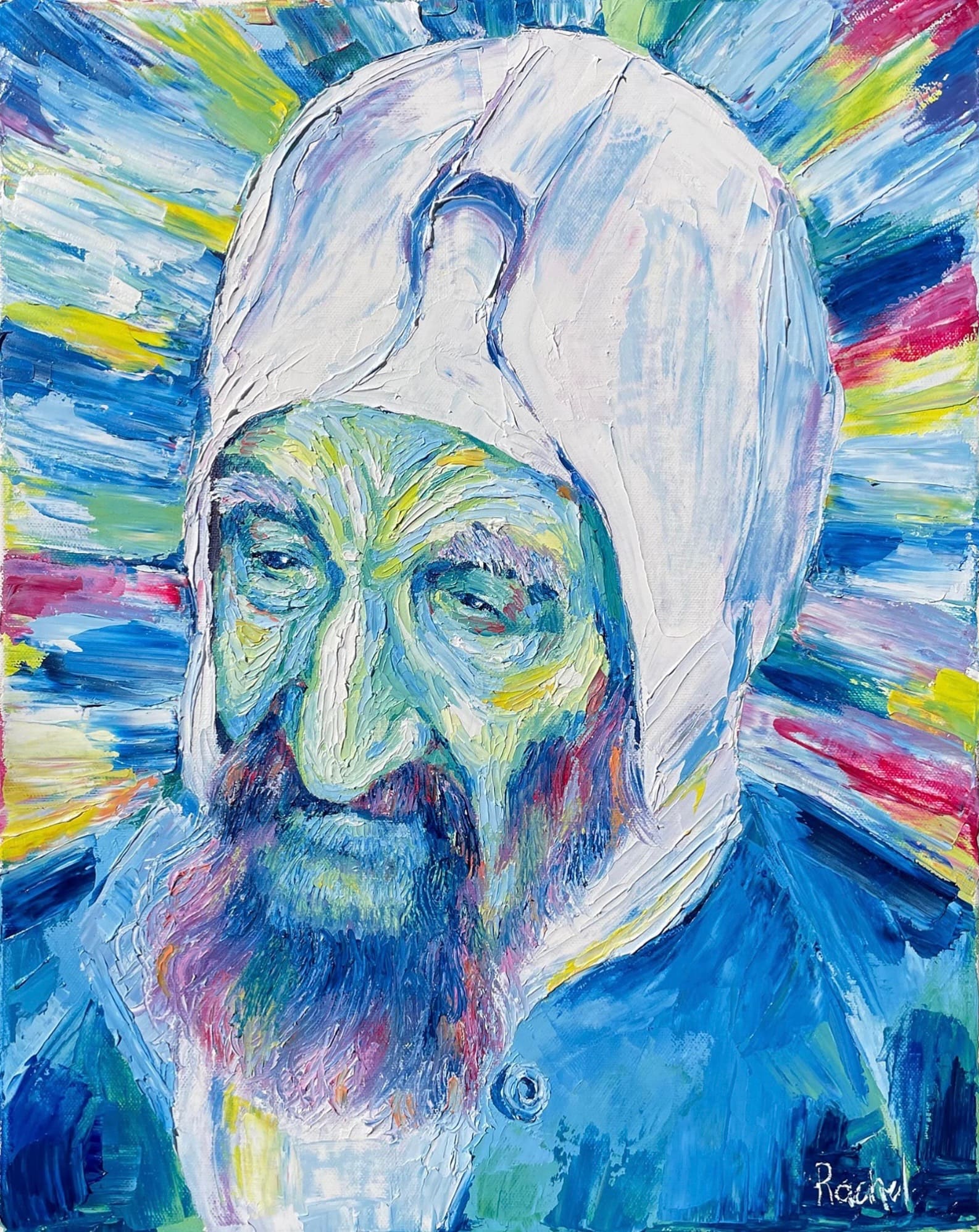 Palette knife oil portrait of the Baba Sali in cool blue tones