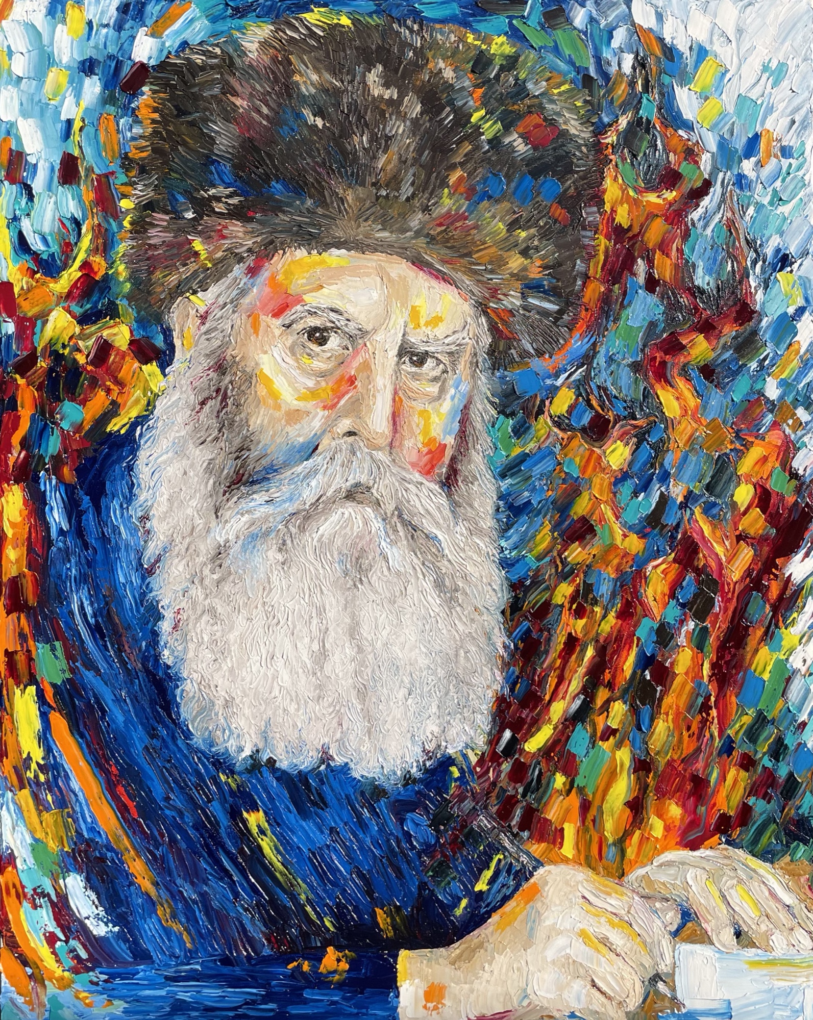 Palette knife oil portrait of the Frierdiker Rebbe in a fur hat and blue coat, bright mosaic color around him