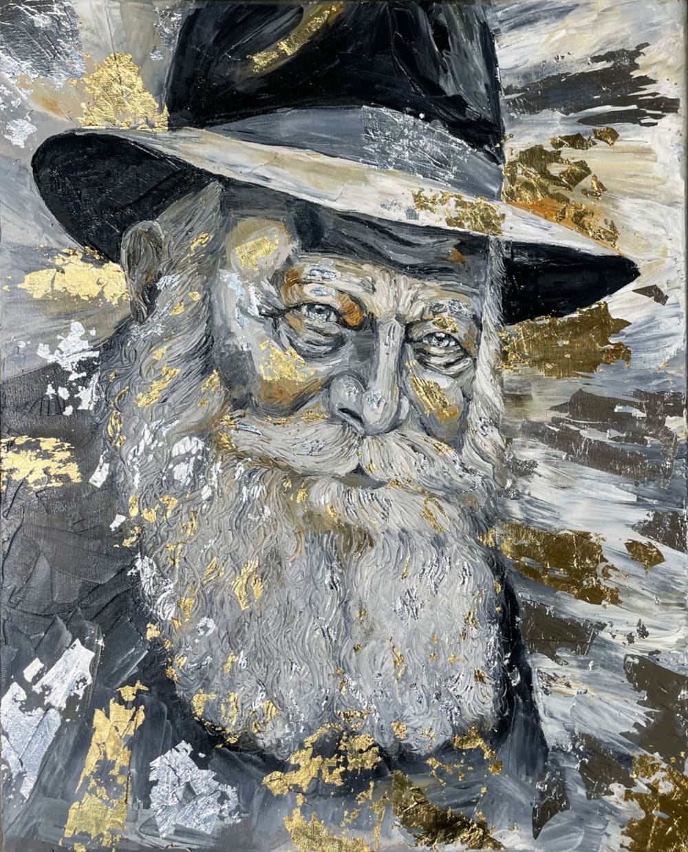 Oil portrait of the Lubavitcher Rebbe with gold and silver leaf worked into the paint