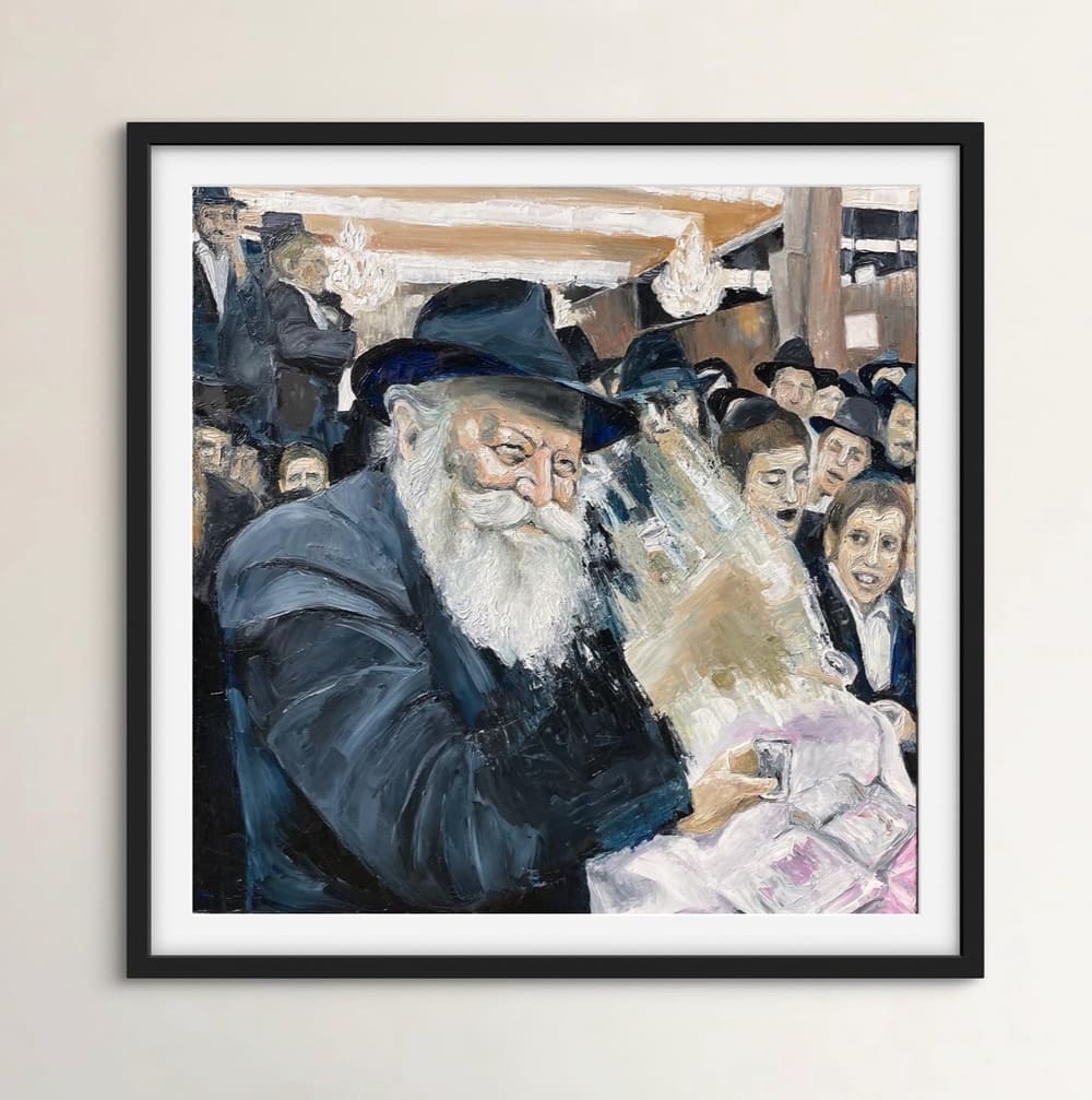 Framed palette knife painting of the Lubavitcher Rebbe holding a silver cup among chassidim by Rachel Teeger